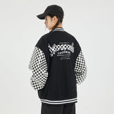 Unisex Jacket Checkerboard PU Leather Baseball Uniform Embroidered Baseball Jacket Jacket